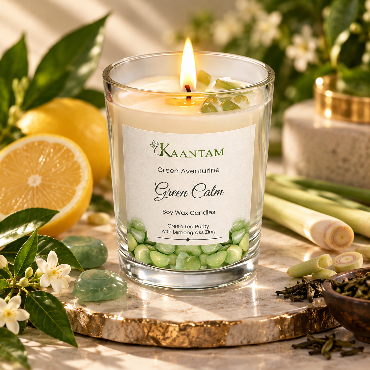 Kaantam Green Calm green aventurine crystal soy candle, lemongrass green tea scent