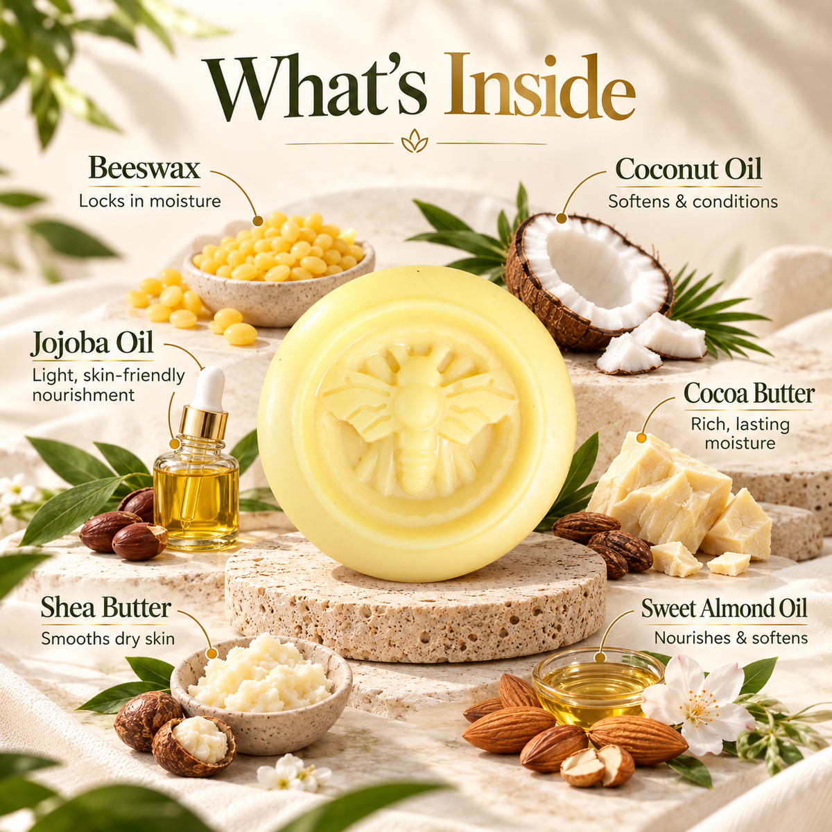 Lotion bar ingredients: beeswax, shea butter, cocoa butter, coconut, jojoba and sweet almond oil
