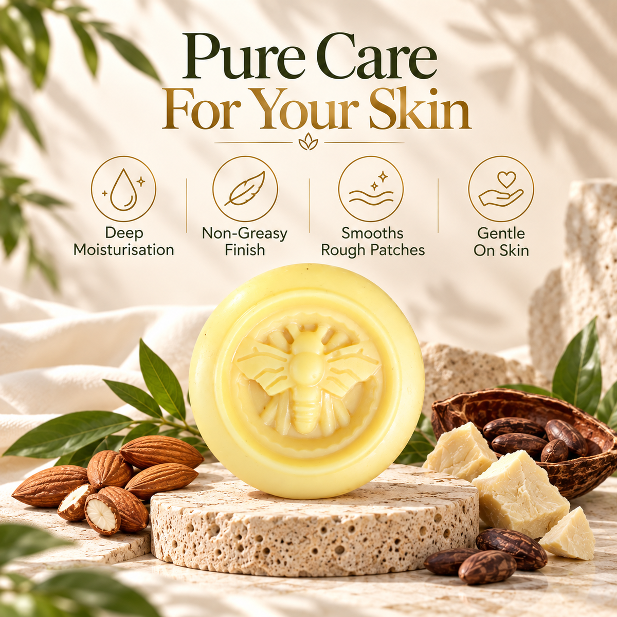 Benefits of Kaantam solid body lotion bar: deep moisture, non-greasy, smooths rough patches