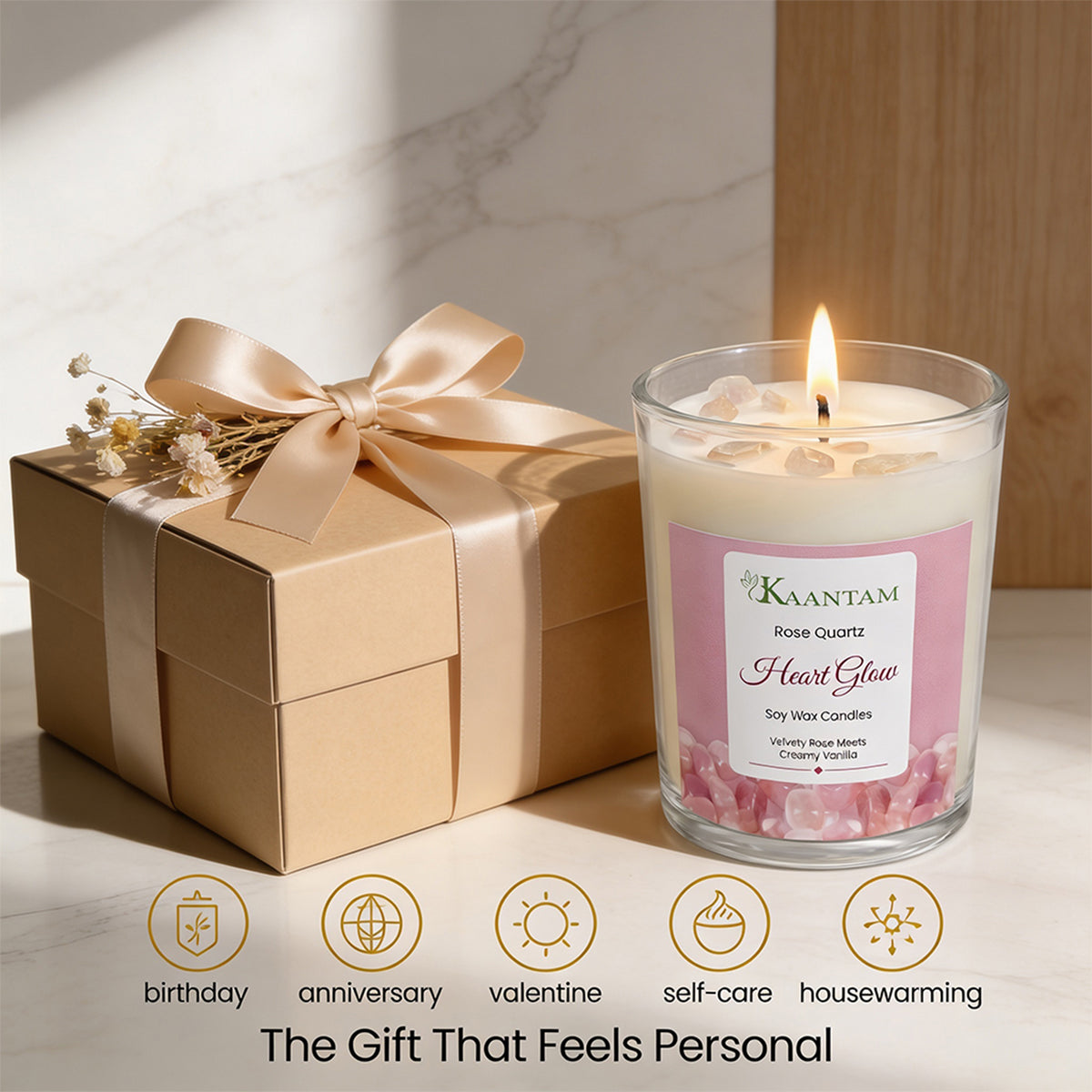 Rose quartz crystal candle gift for love and special occasions