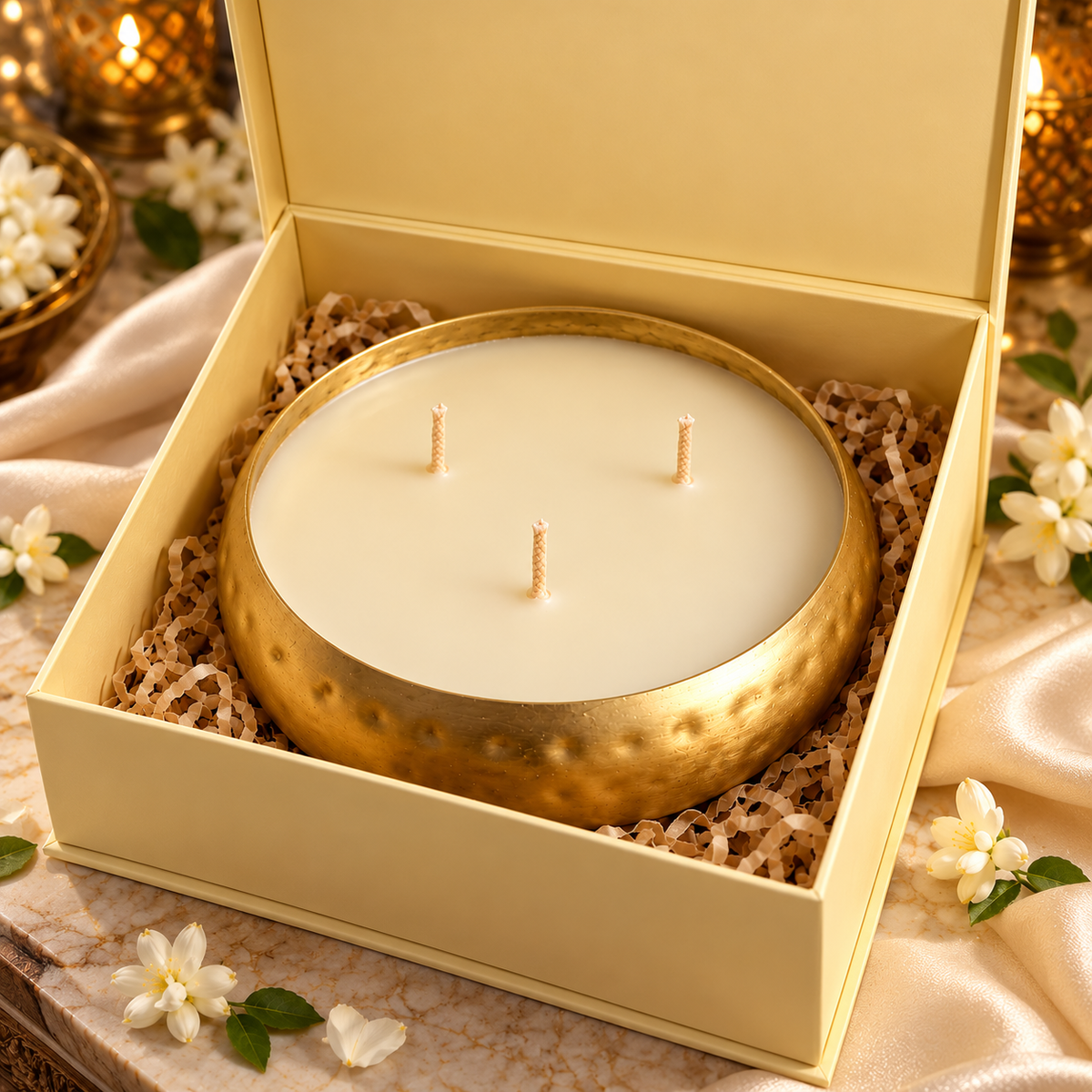 Kaantam 3-wick hammered brass urli candle Diwali gift set
