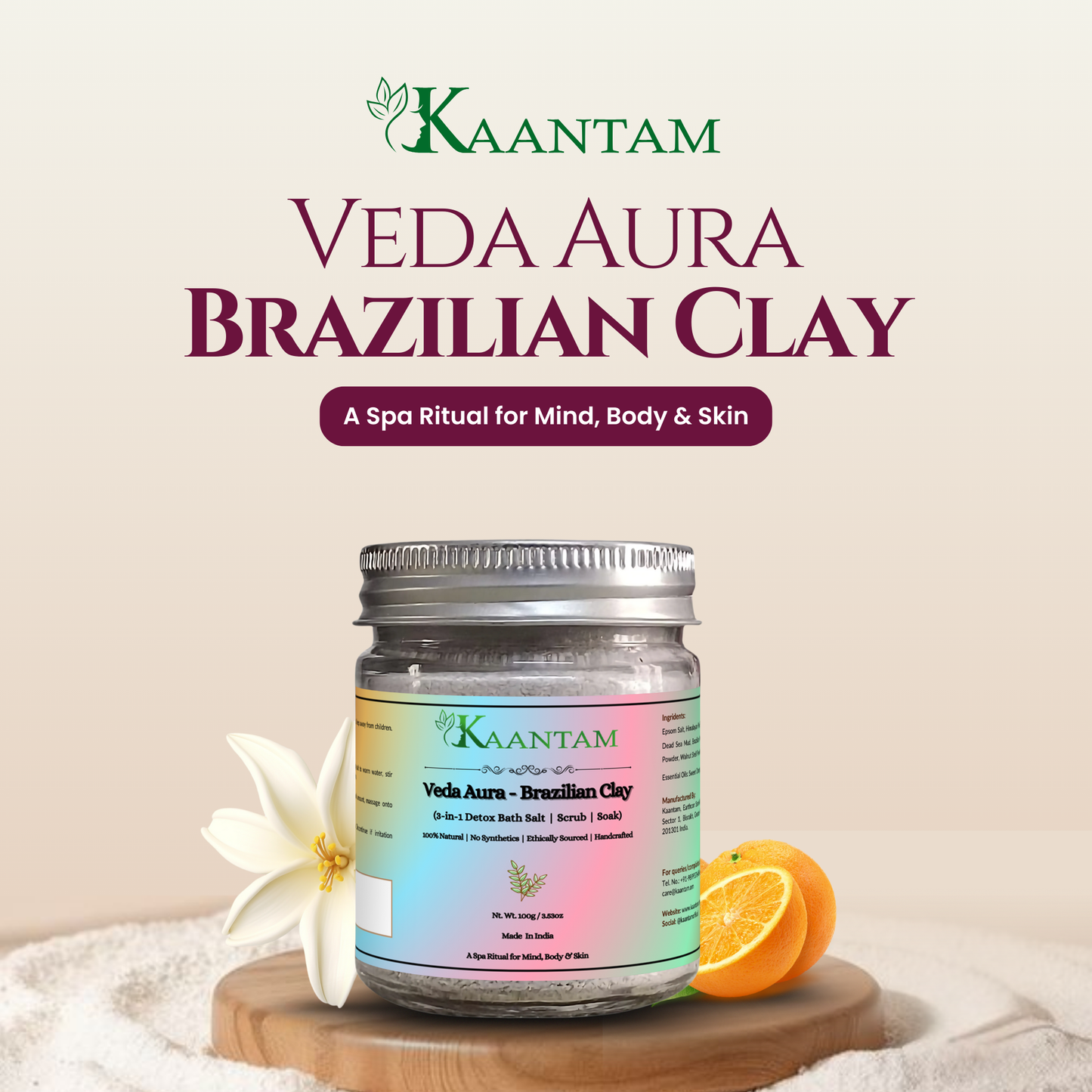 Brazilian Clay Bath Salt for Glowing Skin, Tan Removal and Softness | Kaantam