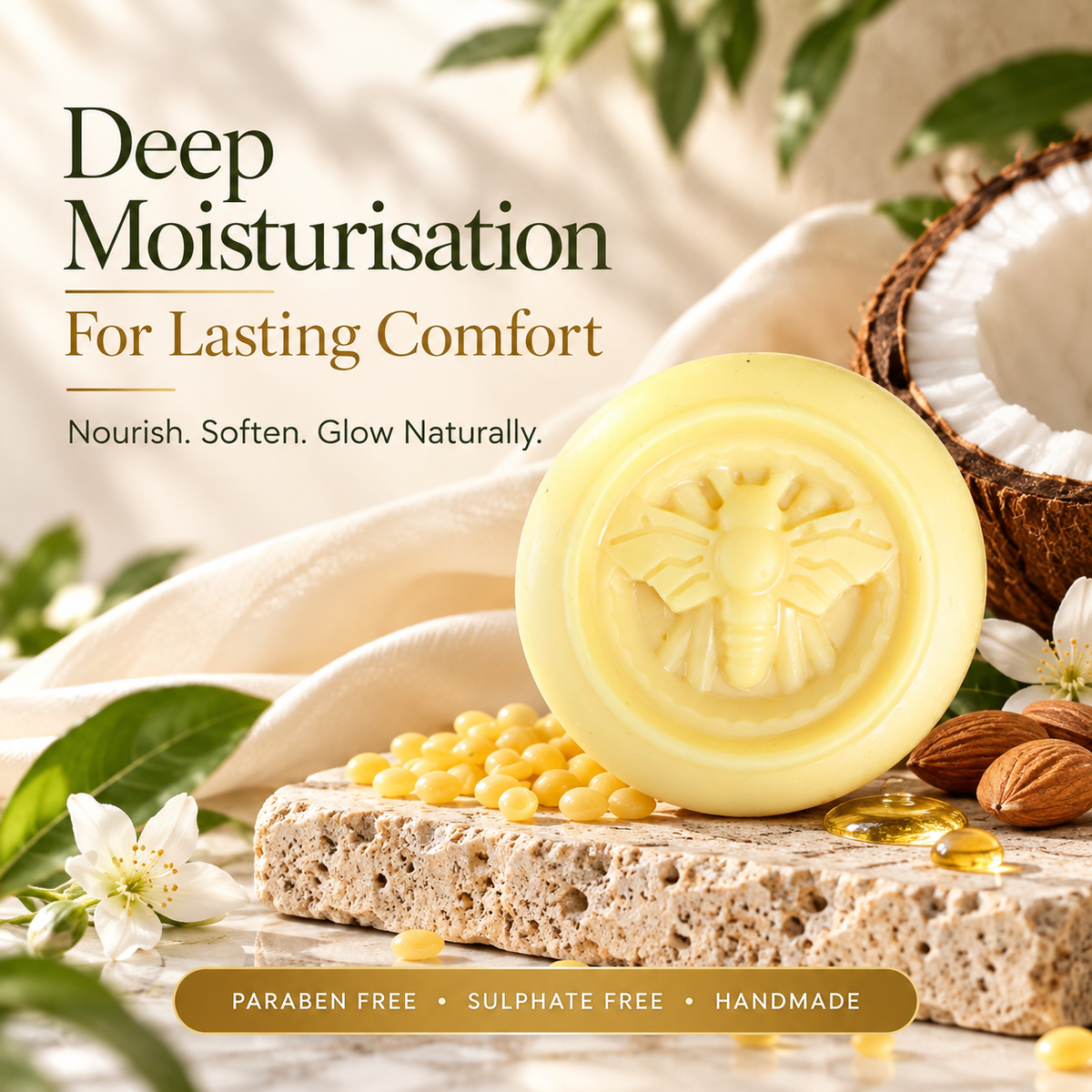 Beeswax lotion bar for deep moisturisation of dry skin with coconut and almond