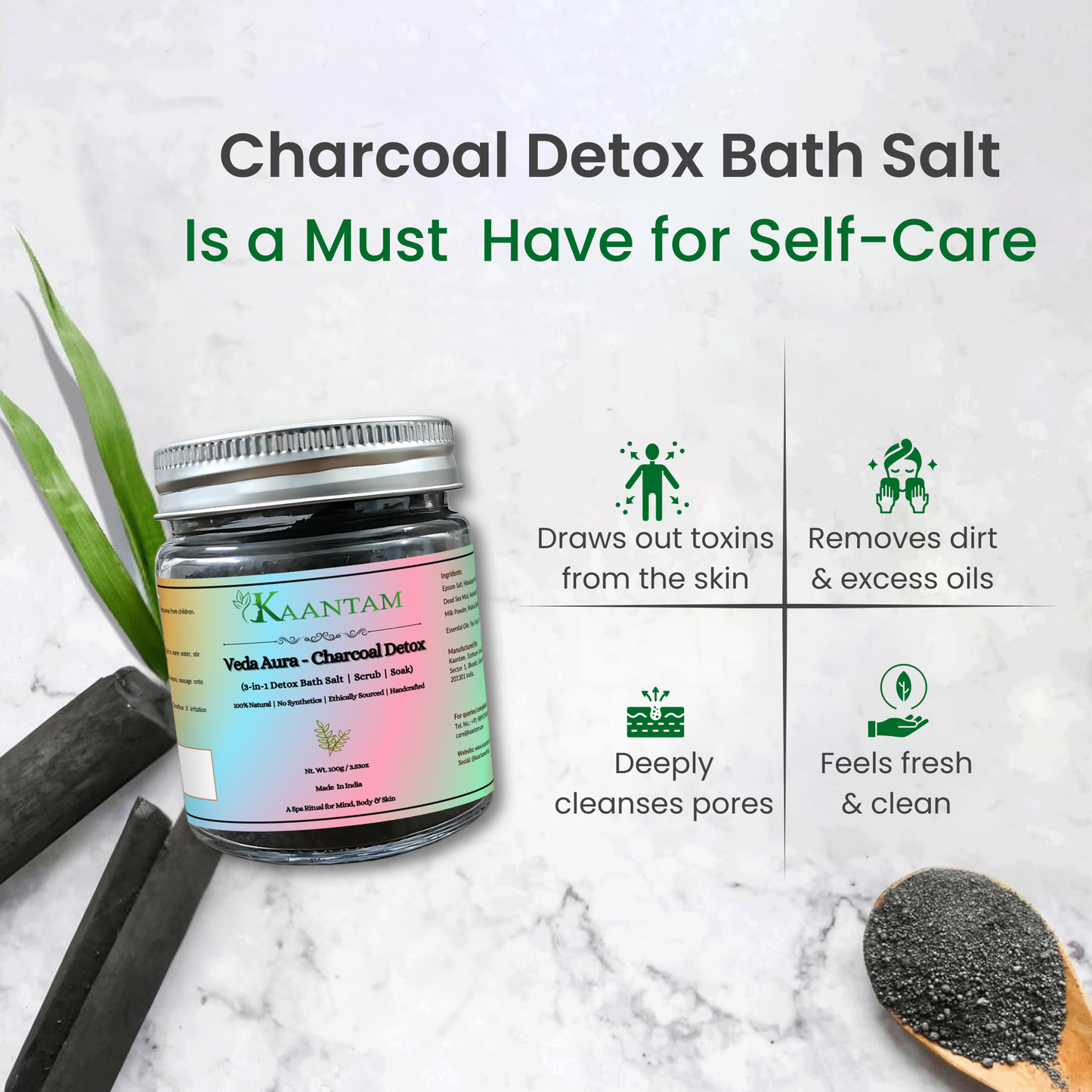 Charcoal Detox Bath Salt for Body Acne, Deep Cleansing and Oil Control | Kaantam