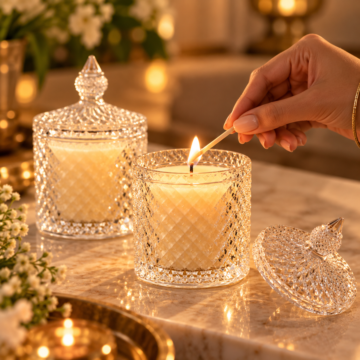 Hand lighting a crystal jar soy wax candle with a matchstick