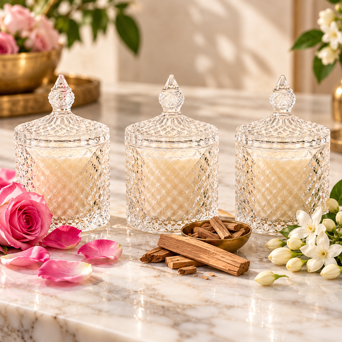 Crystal jar candles in rose, sandalwood and mogra fragrances