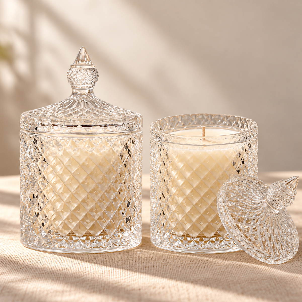 Kaantam crystal jar candle set of 2 with diamond-cut glass and lid
