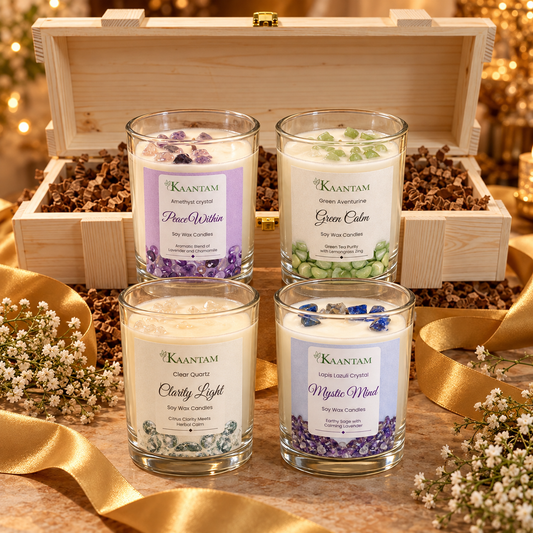 Kaantam Soul Collection zodiac crystal soy candle gift box for Diwali – Peace Within, Green Calm, Clarity Light, Mystic Mind