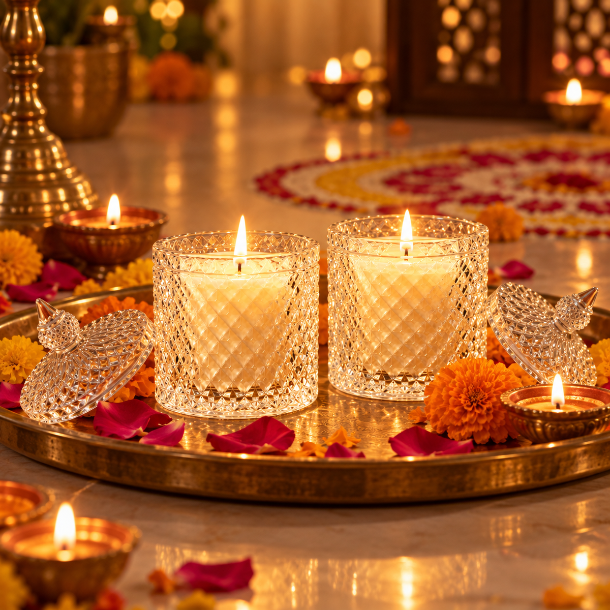 Crystal jar candles with diyas and marigold for Diwali gifting