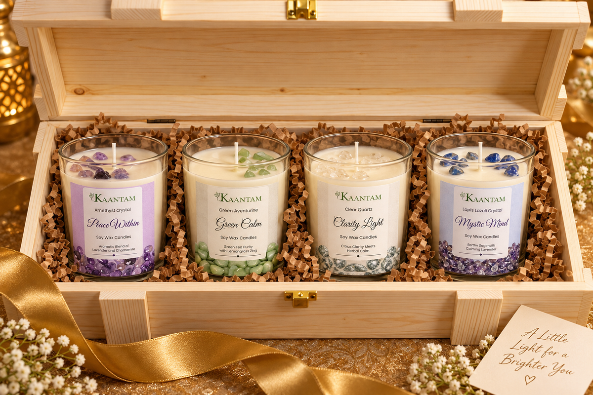 Kaantam Soul Collection crystal soy wax candle gift set of 4 in a wooden box for Diwali