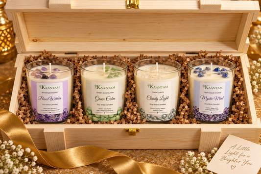 Kaantam Soul Collection crystal soy wax candle gift set of 4 in a wooden box for Diwali
