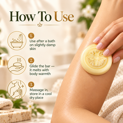 How to use a solid lotion bar: glide over slightly damp skin after a bath