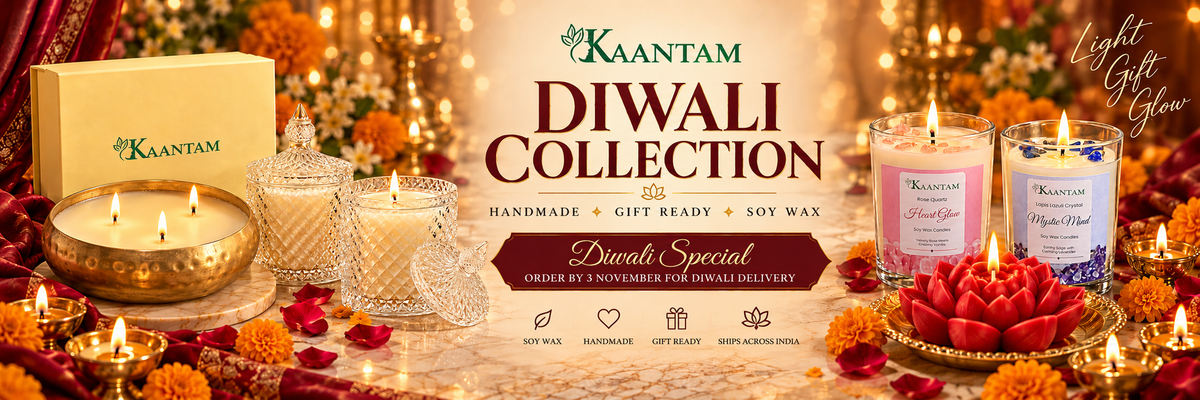 Kaantam Diwali Collection – handmade 3-wick urli candle, crystal jar candles, Heart Glow and Mystic Mind crystal soy candles and red lotus candle