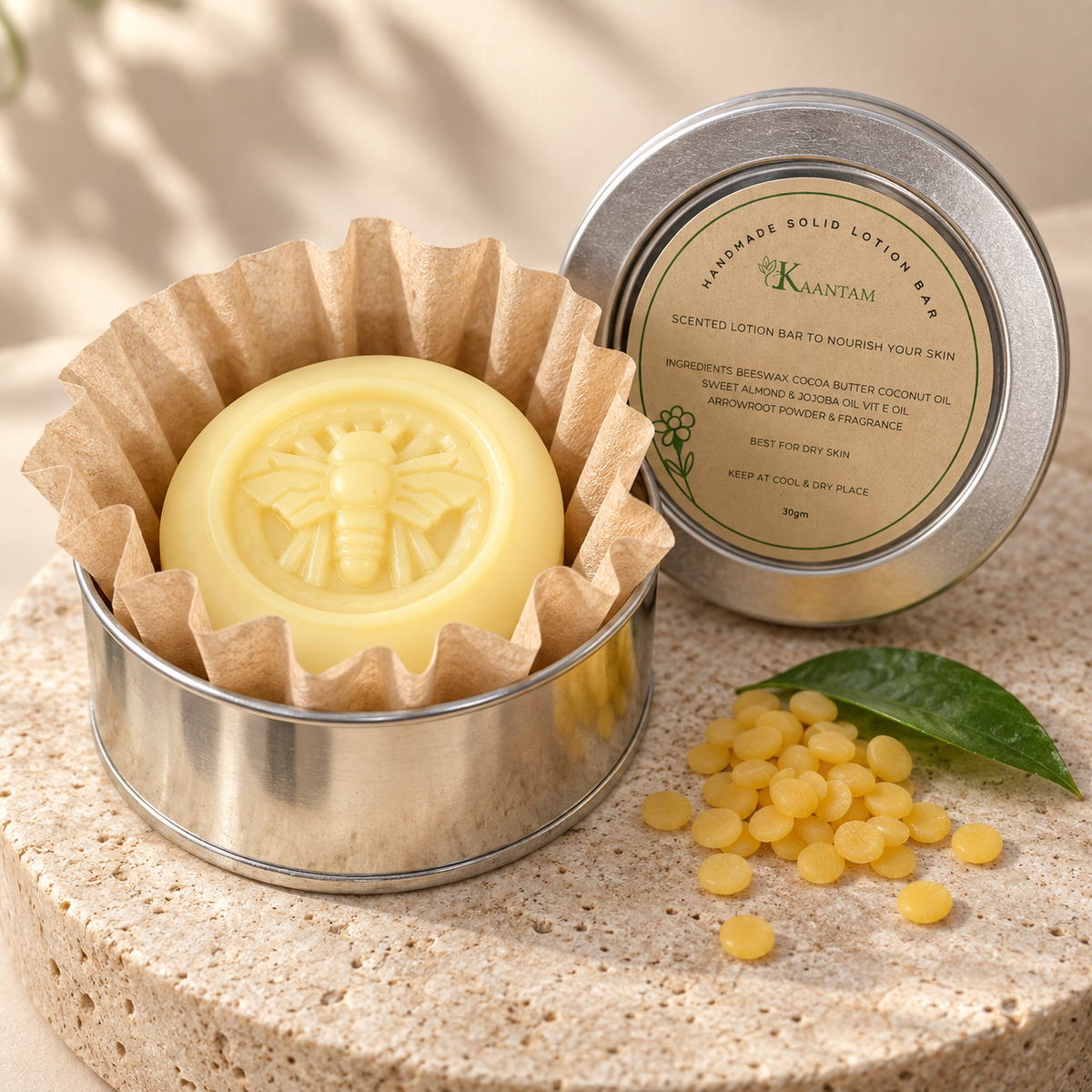 Kaantam handmade solid lotion bar with bee emboss in a silver tin with kraft filter liner