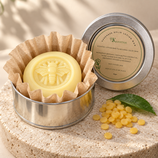Kaantam handmade solid lotion bar with bee emboss in a silver tin with kraft filter liner