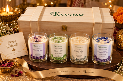 Premium Diwali gift set of 4 crystal soy wax candles by Kaantam – Amethyst, Green Aventurine, Clear Quartz, Lapis Lazuli