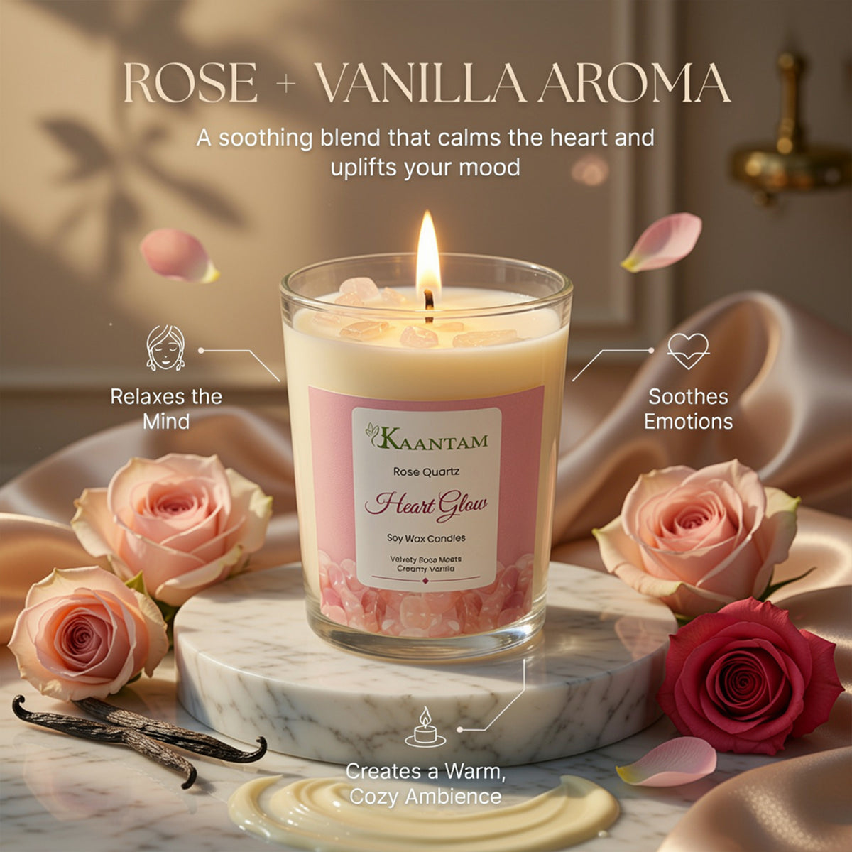 Heart Glow | Rose Quartz Crystal Soy Candle