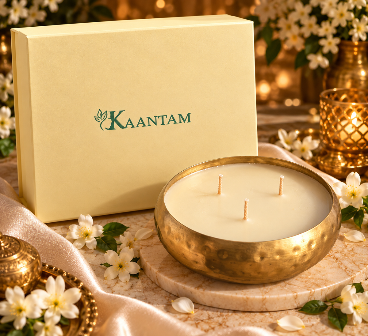 Kaantam 3-wick brass urli candle in luxury gift box for Diwali gifting